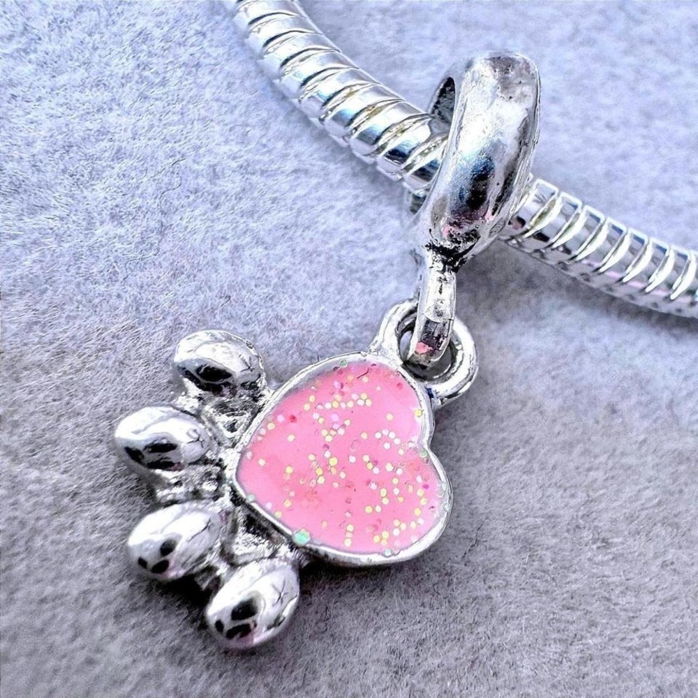 Pink Glitter‎ Heart Paw Print Dangle Charm fits PANDORA